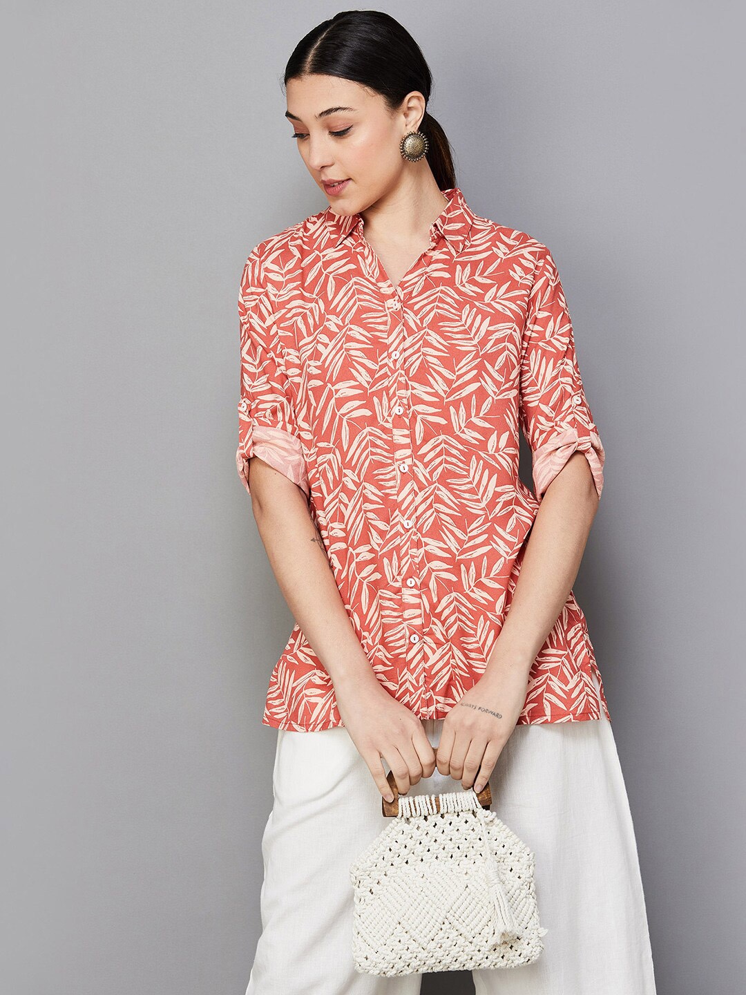 

Melange by Lifestyle Printed Roll-Up Sleeves Shirt, Orange