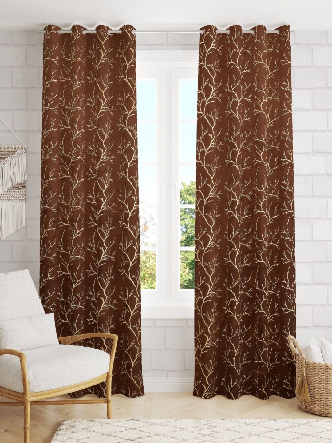 

AaHo Decor Brown & Gold-Toned 2 Pieces Self Design Velvet Black Out Window Curtains