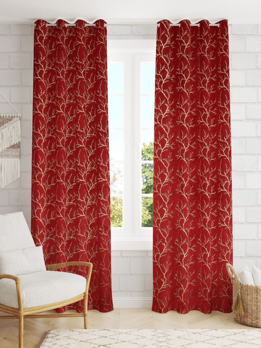 

AaHo Decor Red & Gold-Toned 2 Pieces Self Design Velvet Black Out Long Door Curtains