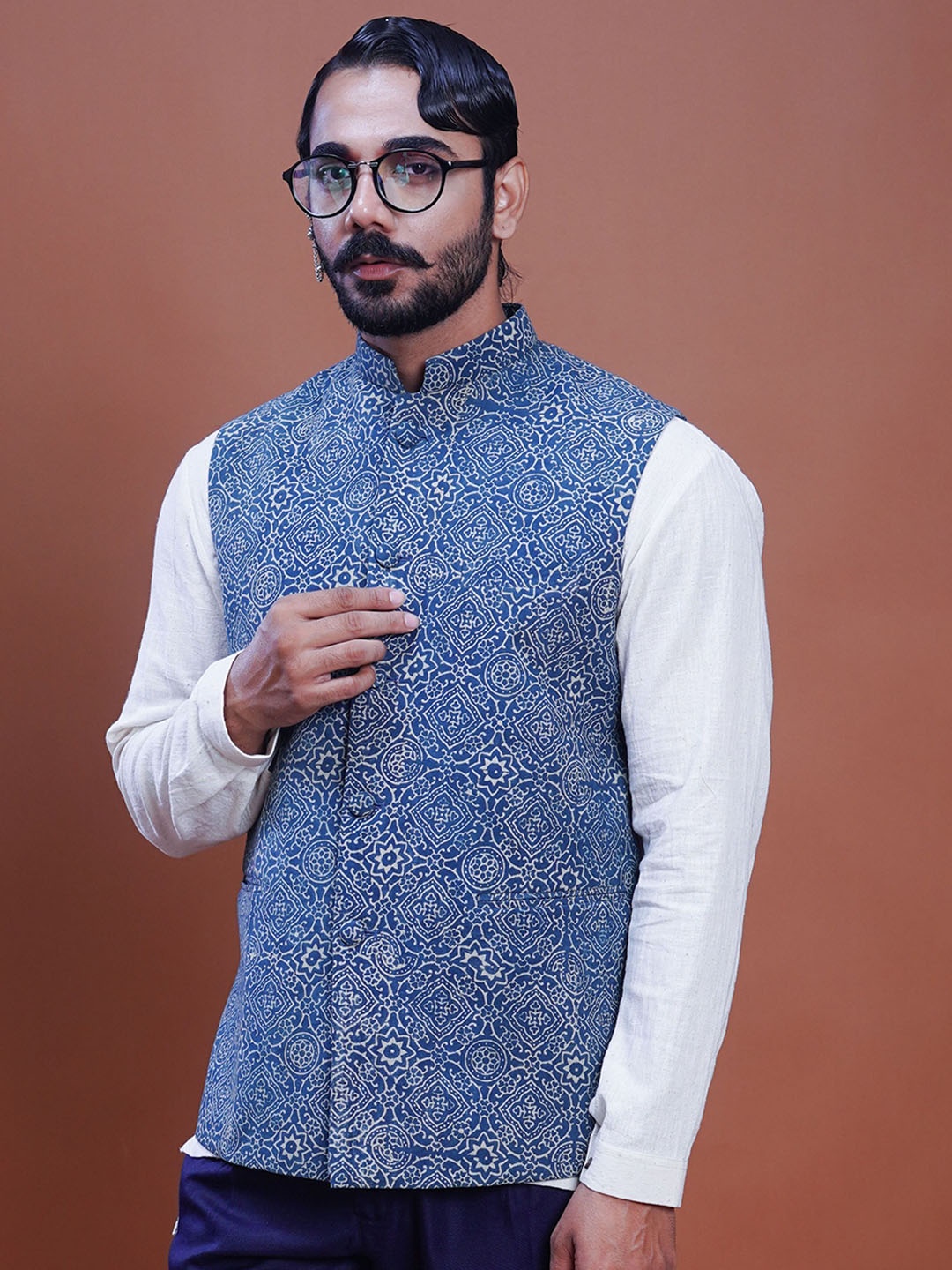 

Inkriti Hand Block Printed Nehru Jacket, Blue