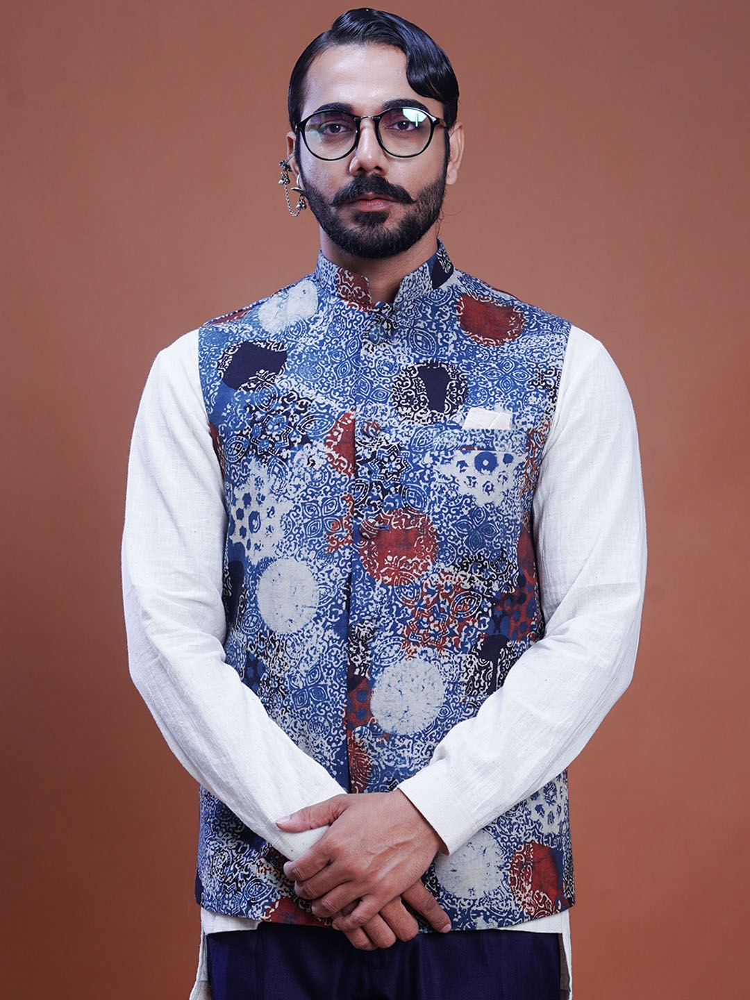

Inkriti Hand Block Printed Nehru Jacket, Blue