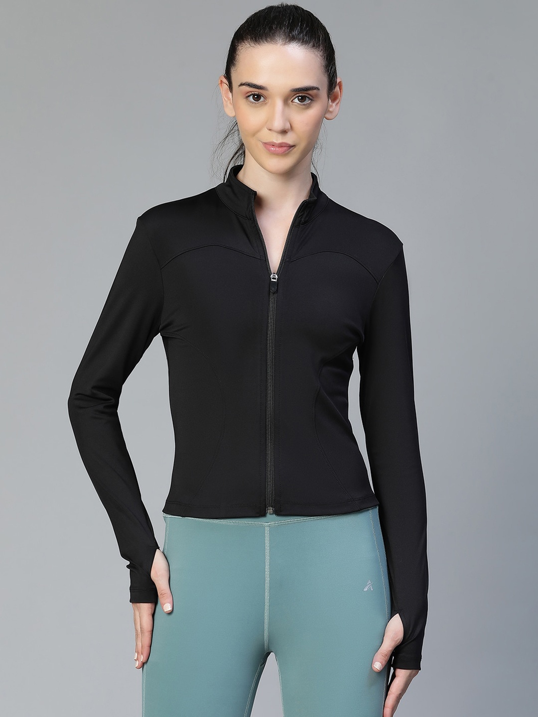 

ATHLISIS Women Geometric Lightweight Crop Training or Gym Sporty Jacket, Black