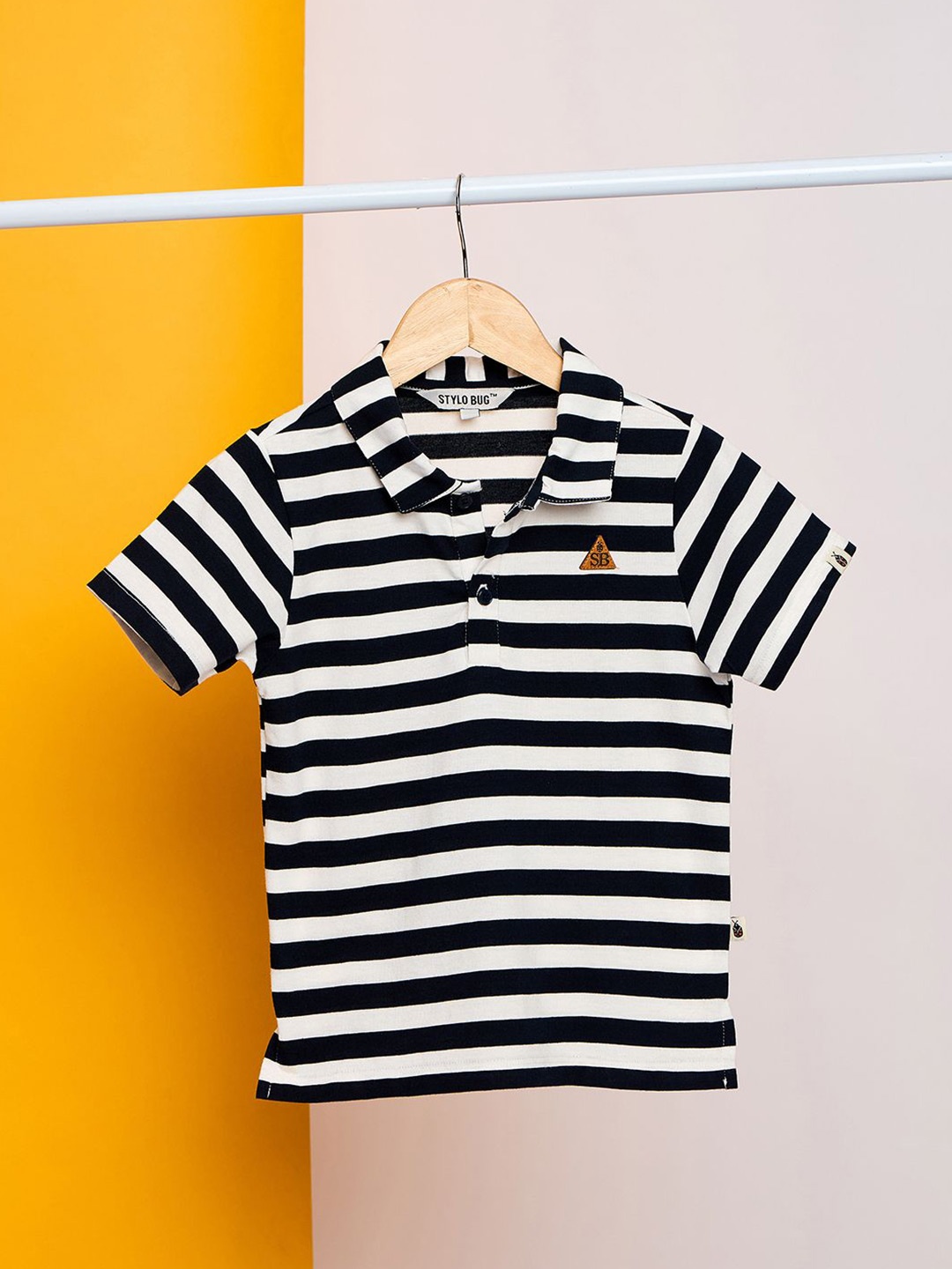 

Stylo Bug Boys Striped Polo Collar Monochrome Applique Slim Fit T-shirt, White