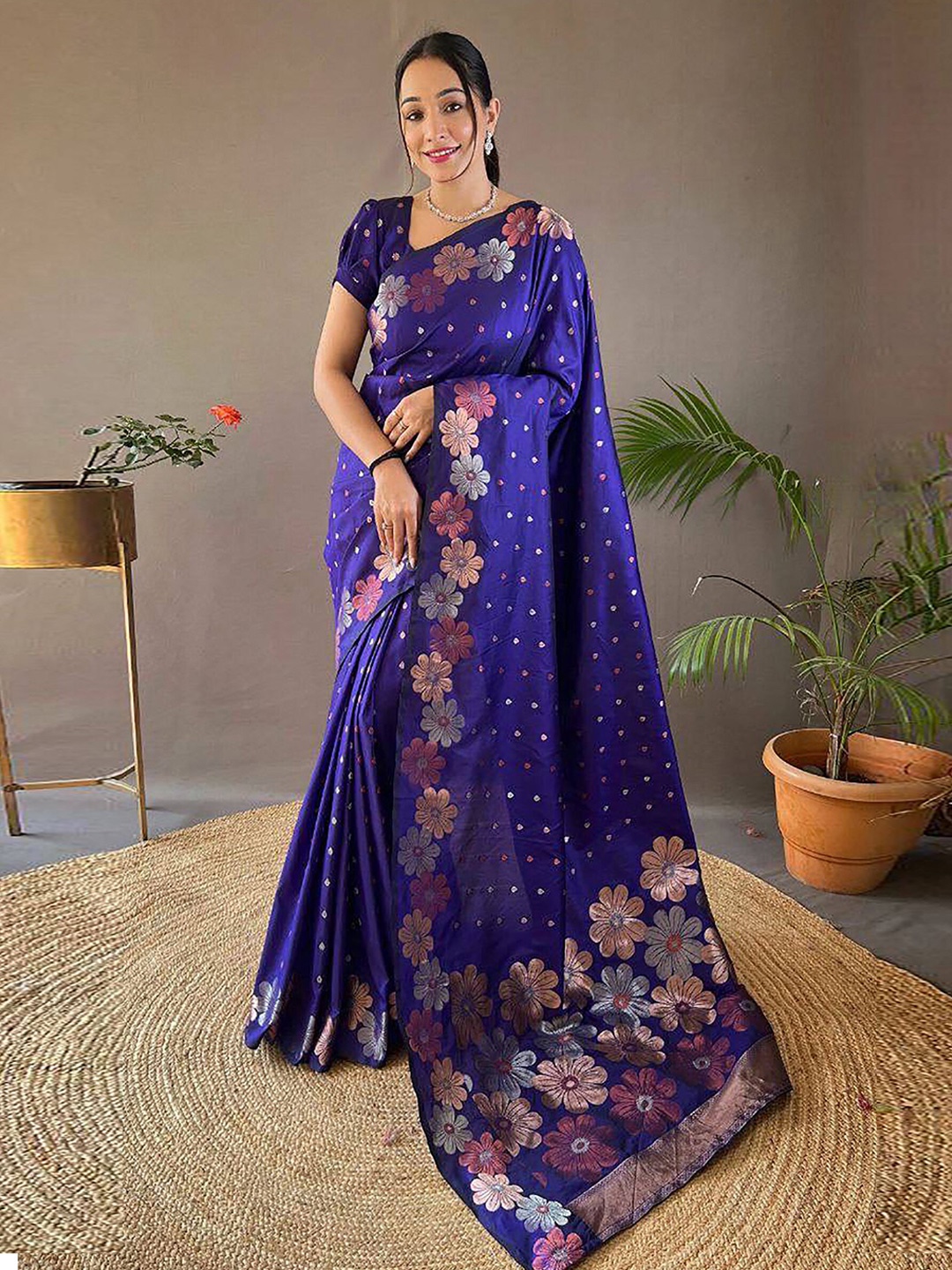 

KALINI Women Woven Design Zari Silk Blend Banarasi Saree, Blue