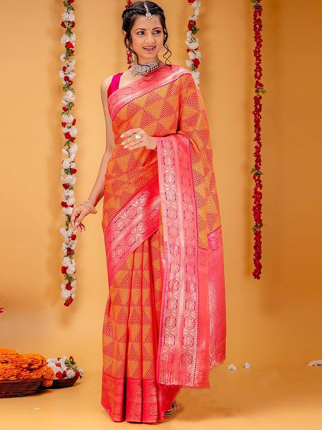 

KALINI Woven Design Zari Silk Blend Banarasi Saree, Pink