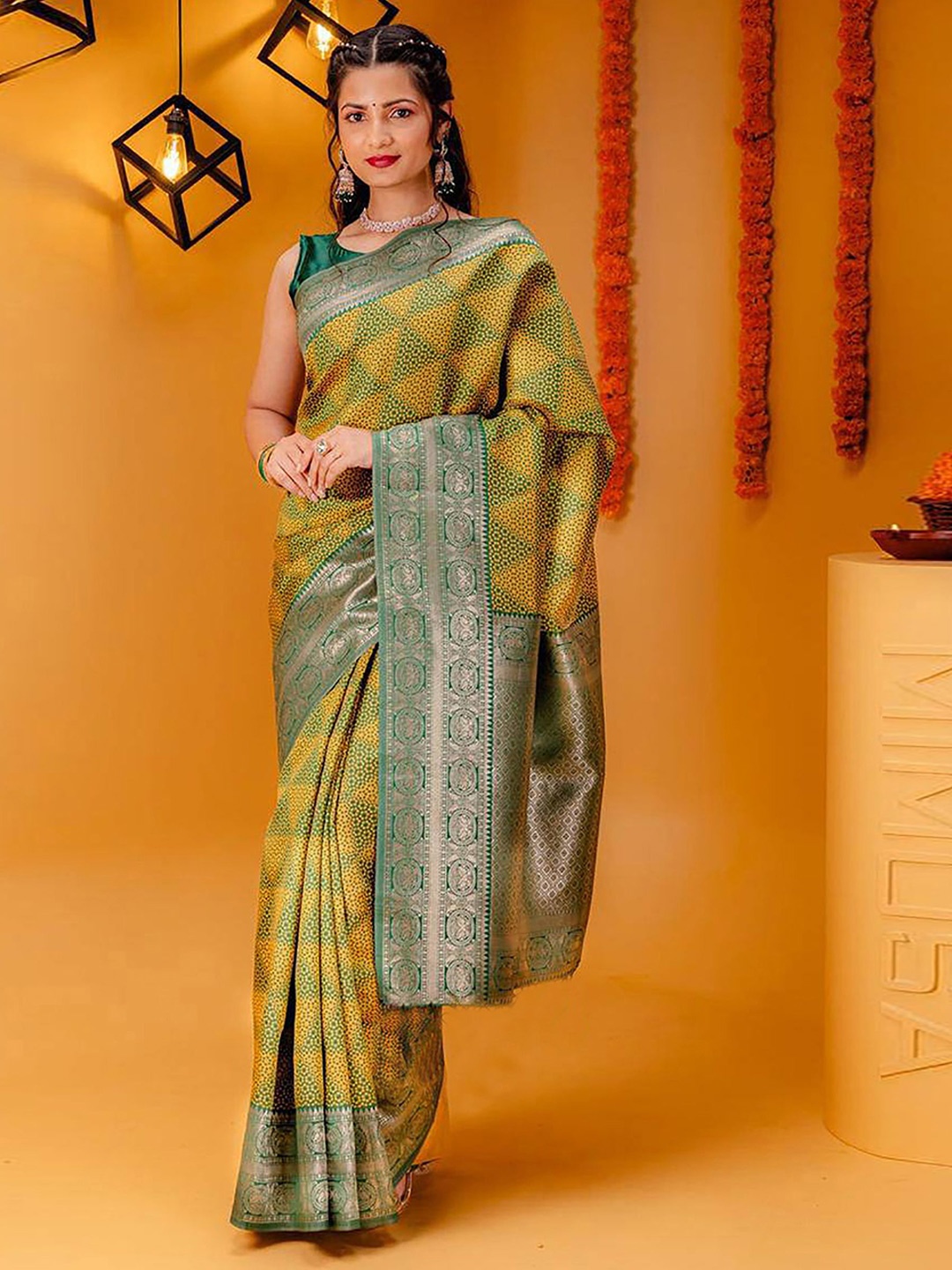 

KALINI Woven Design Zari Silk Blend Banarasi Saree, Yellow