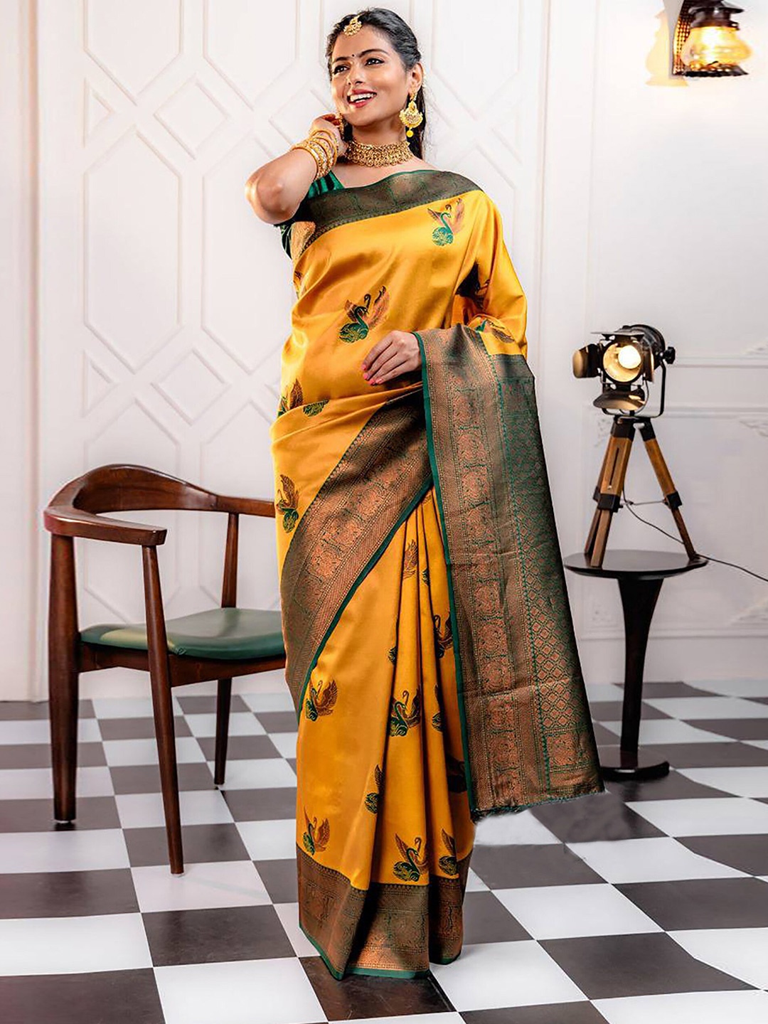 

KALINI Woven Design Zari Silk Blend Banarasi Saree, Yellow