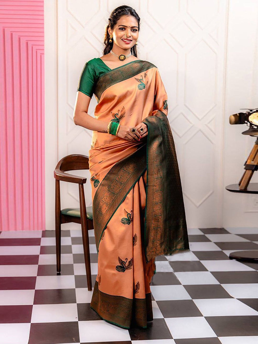 

KALINI Woven Design Zari Silk Blend Banarasi Saree, Orange