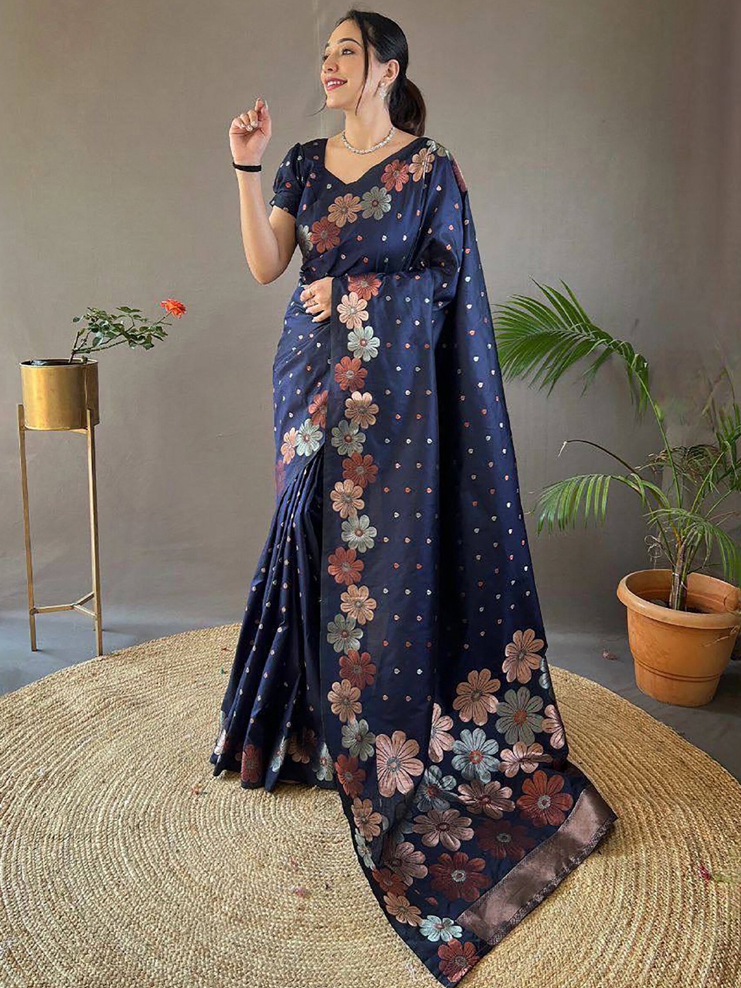 

KALINI Woven Design Zari Silk Blend Banarasi Saree, Blue
