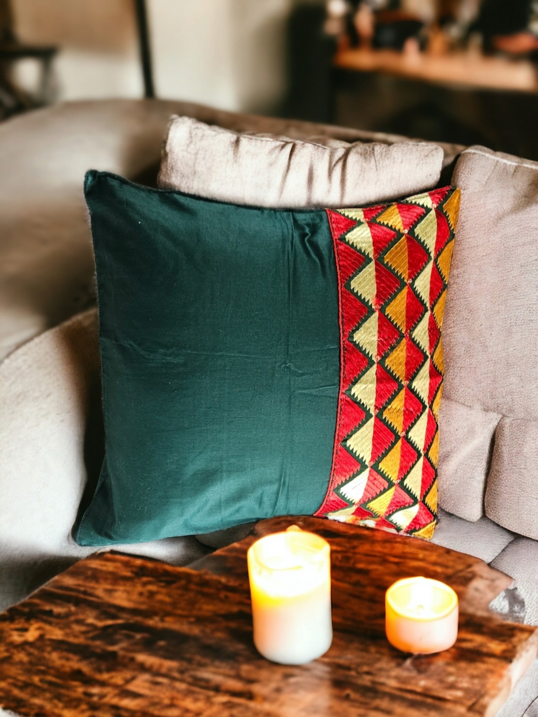 

Feels Like Home Green & Red Geometric Square Cushion Covers