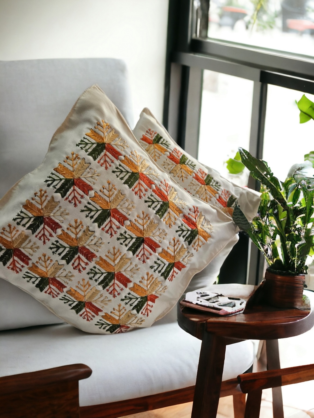 

Feels Like Home Set of 5 Ethnic Motifs Square Cushion Covers, Cream