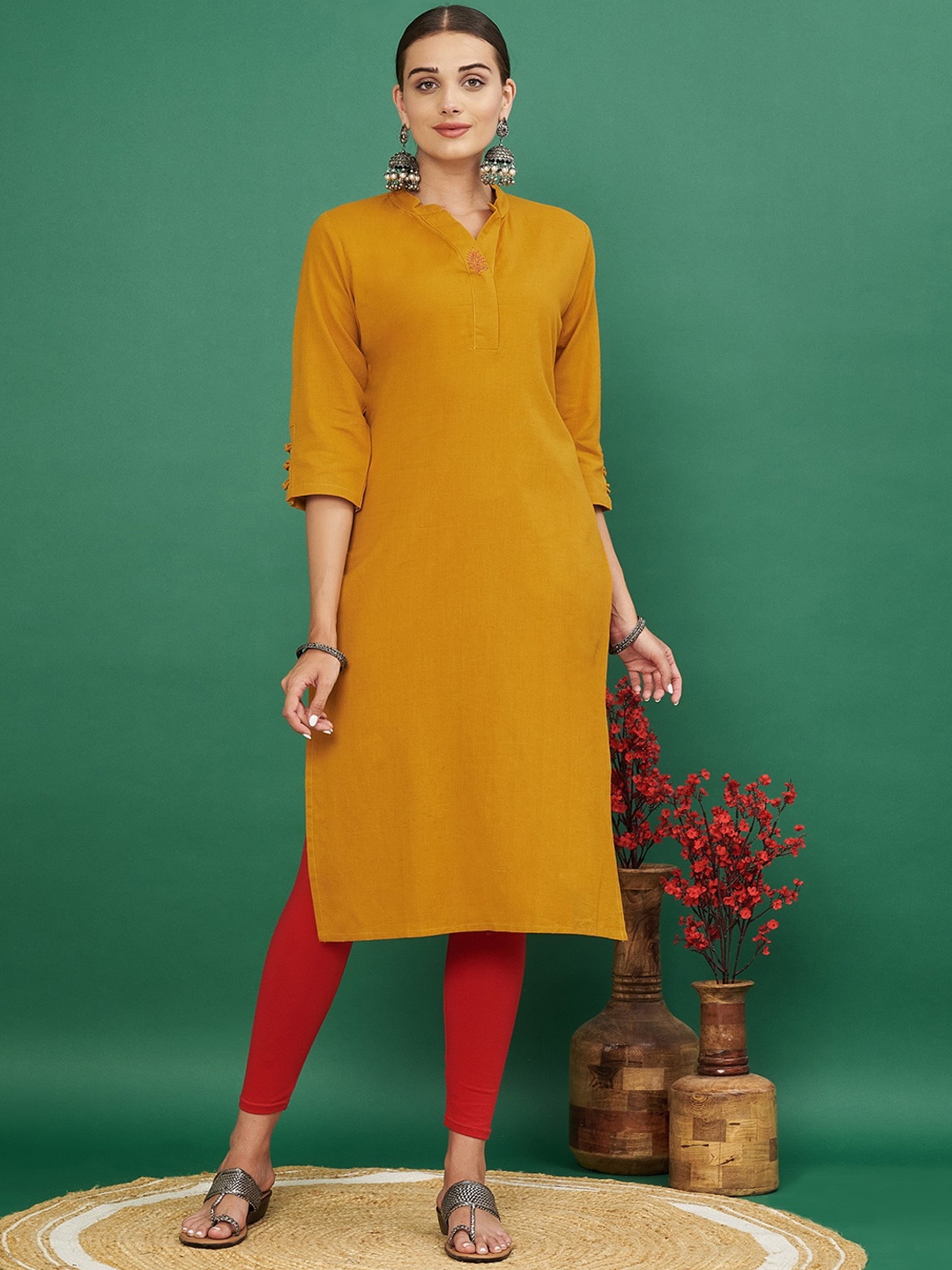 

Vbuyz Women Thread Work Kurta, Mustard