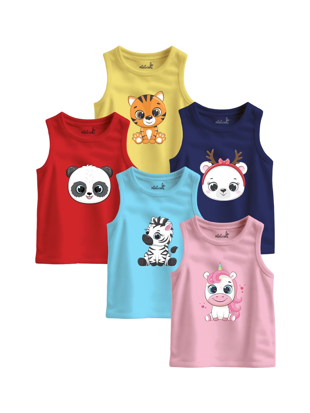 

Minicult Kids Pack Of 5 Printed Cotton Basic Vests VST_PT_E004_20_P5, Yellow