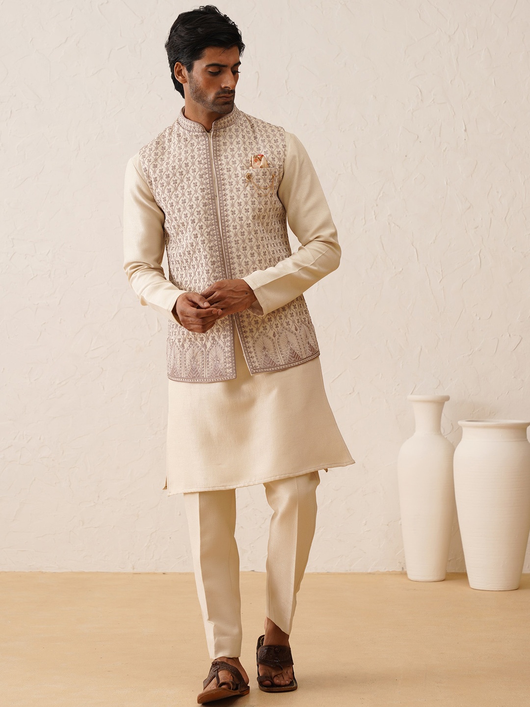 

Denis Parkar Men Regular Beads and Stones Kurta with Pyjamas, Beige