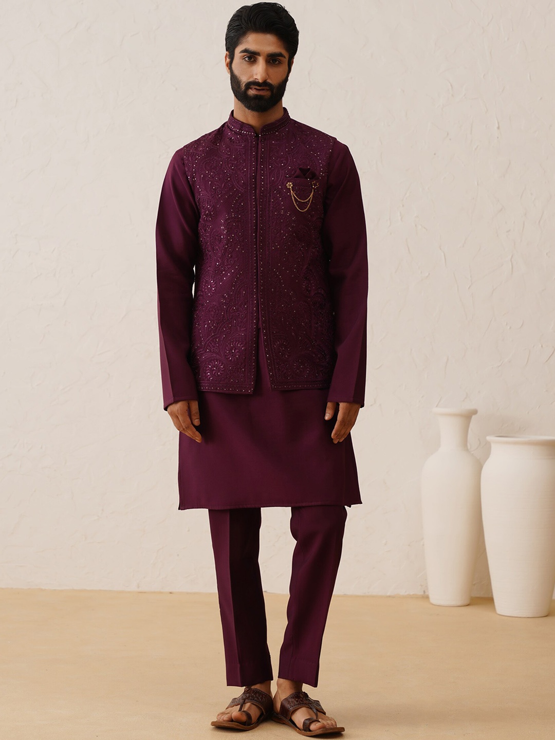 

Denis Parkar Men Regular Beads and Stones Kurta with Pyjamas, Burgundy