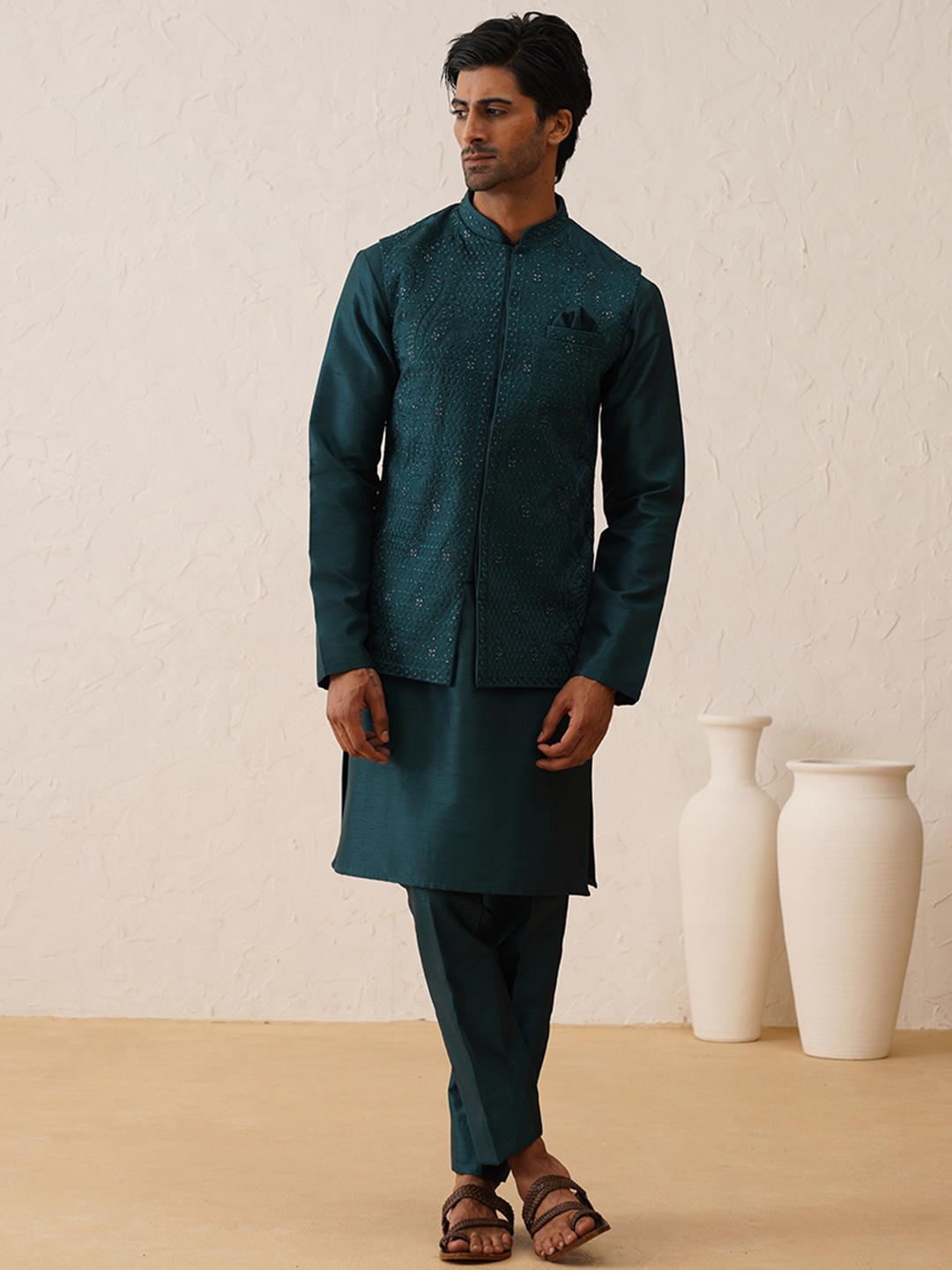 

Denis Parkar Men Regular Beads and Stones Kurta with Pyjamas, Teal