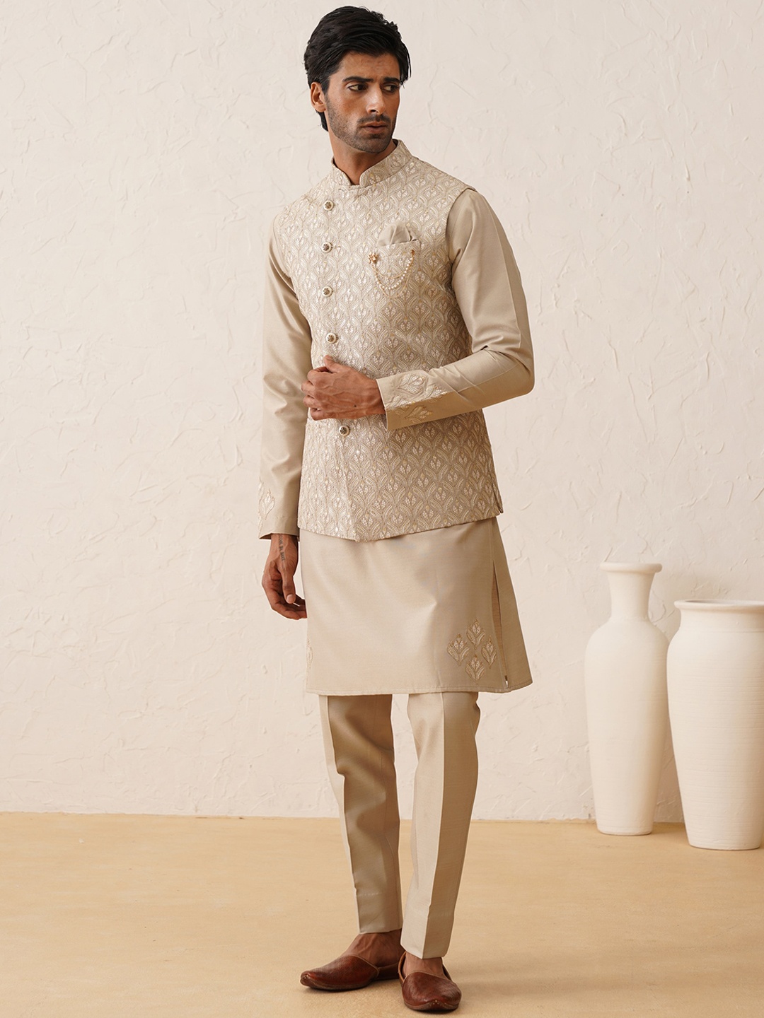 

Denis Parkar Men Regular Beads and Stones Kurta with Pyjamas, Beige