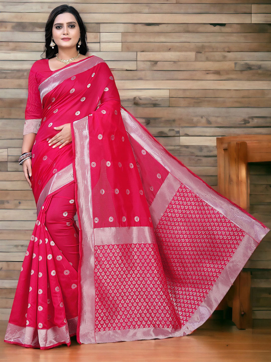 

CARTYSHOP Woven Design Zari Silk Blend Banarasi Saree, Pink