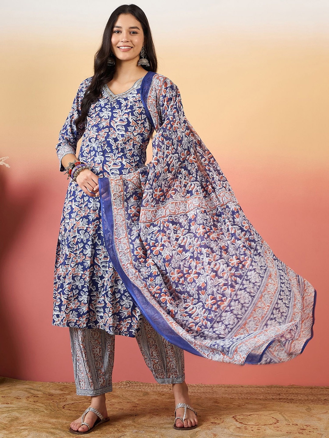 

KALINI Women Floral Printed Regular Sequinned Kurta with Trousers & With Dupatta, Blue
