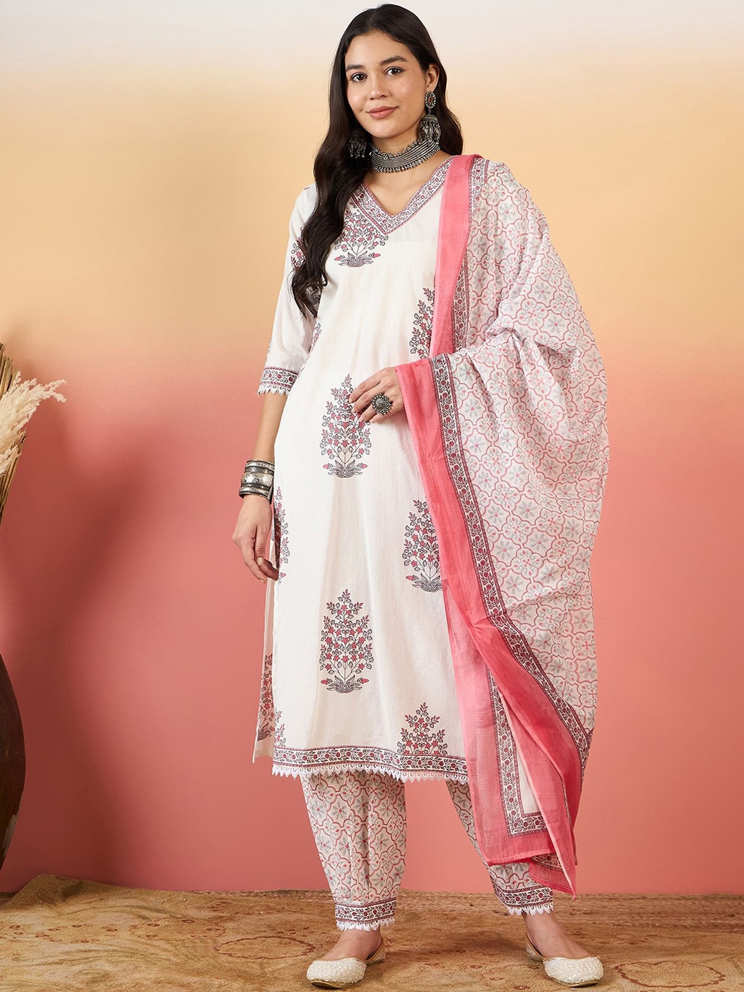 

KALINI Women Floral Printed Regular Pure Cotton Kurta with Salwar & With Dupatta, Peach