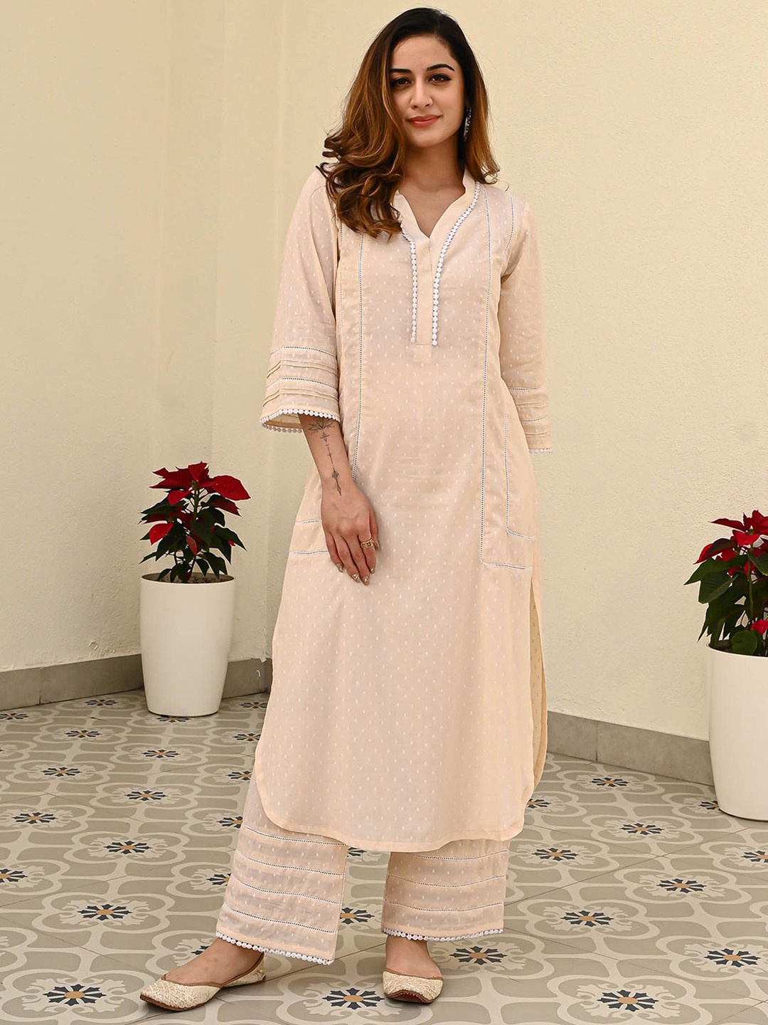 

Bunaai Woven-Design Tunic With Trousers Co-Ords, Cream