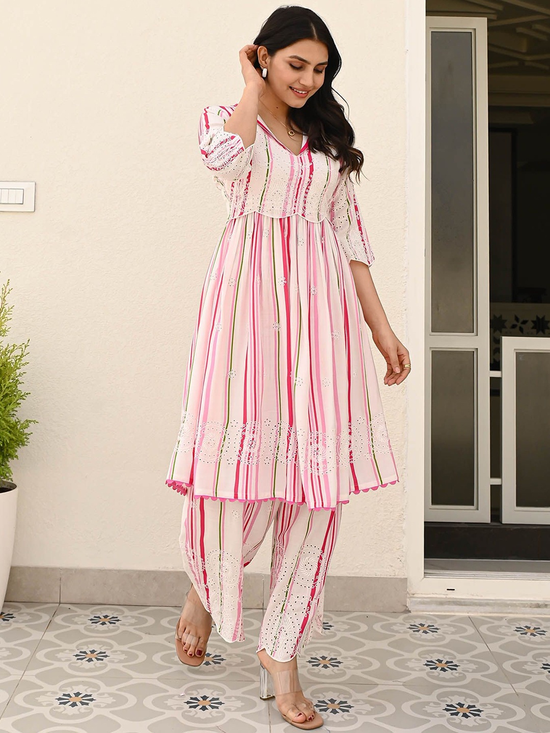 

Bunaai Striped V-Neck Tunic & Trousers Co-Ords, White
