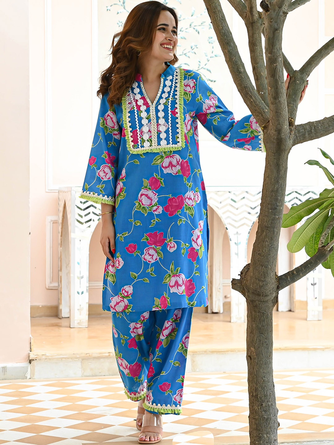 

Bunaai Aarini Printed Tunic With Trouser Co-Ords, Blue