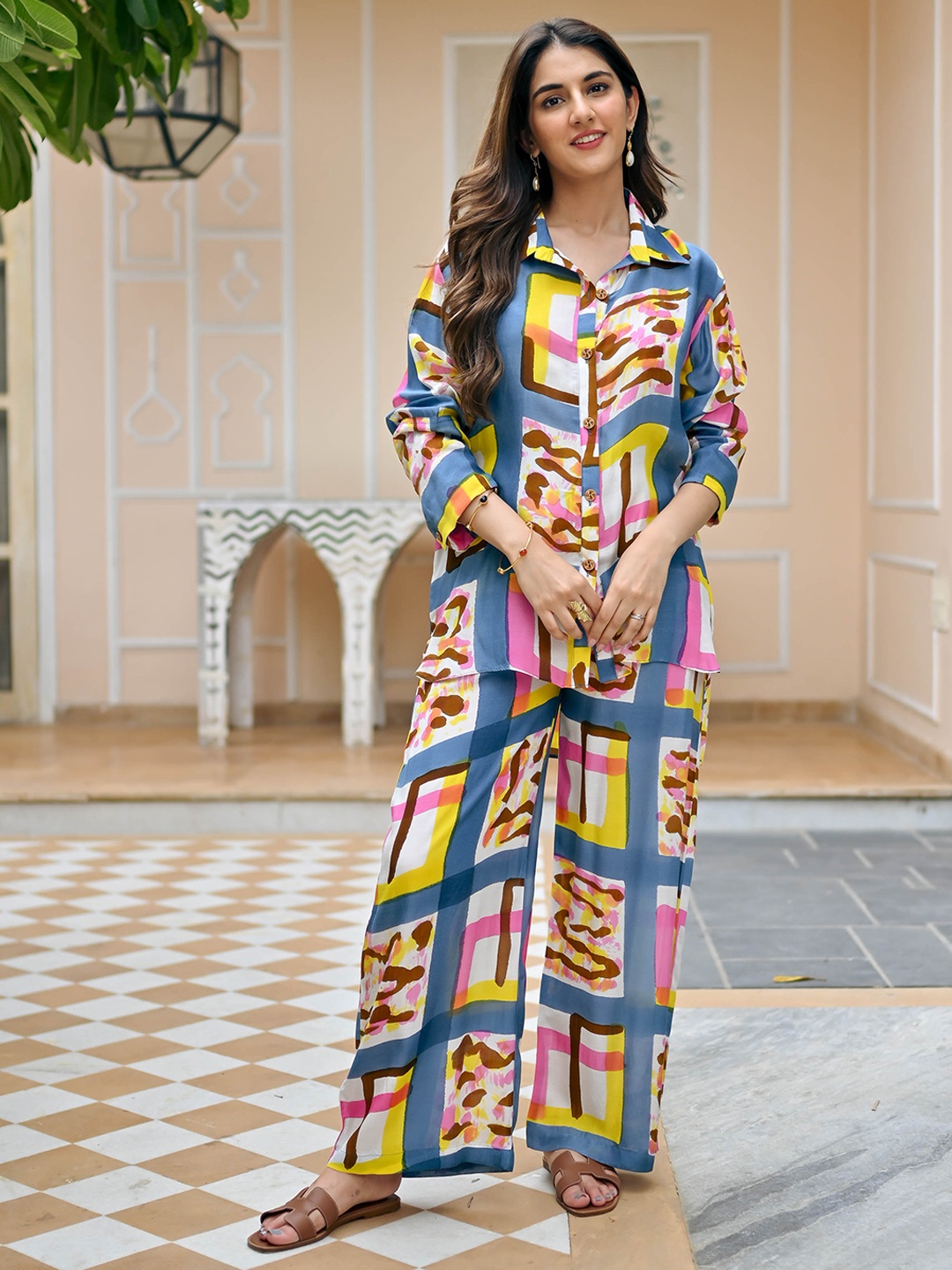 Bunaai Printed Shirt With Trousers Co-Ords, Blue