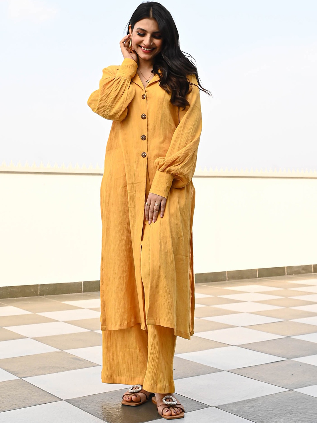 

Bunaai Full Sleeves Crushed Tunic With Trouser Co-Ords, Mustard