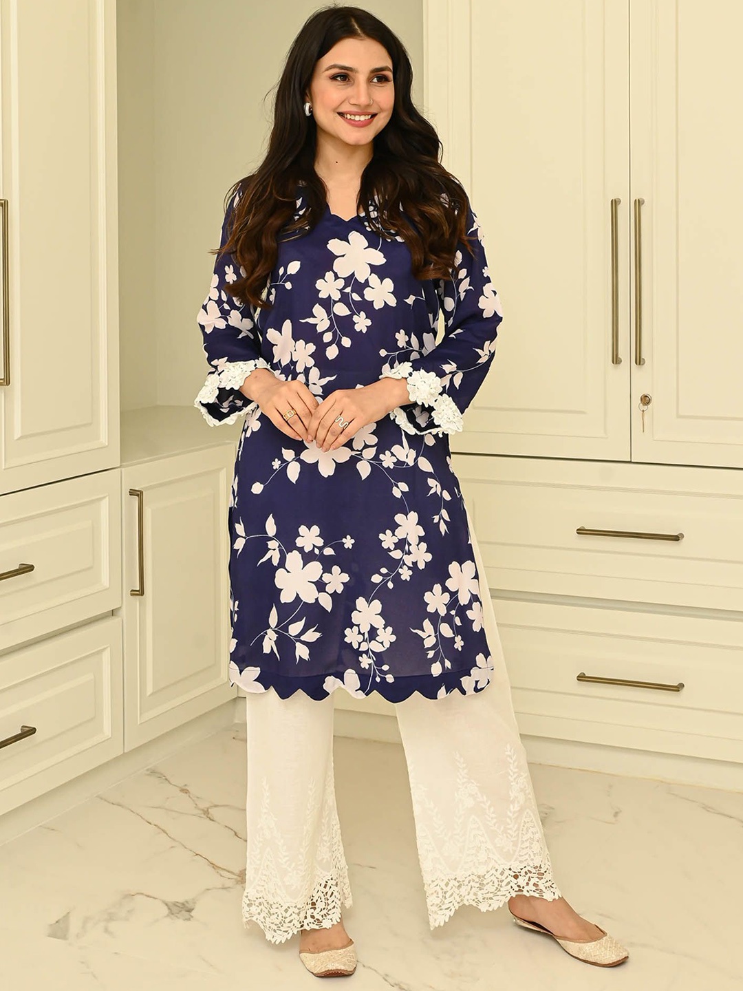 

Bunaai Printed Tunic With Trousers Co-ord Set, Blue