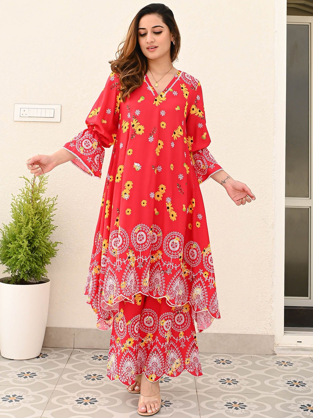 Bunaai Cotton Self Design V-Neck Top With Trousers Co-Ords, Red