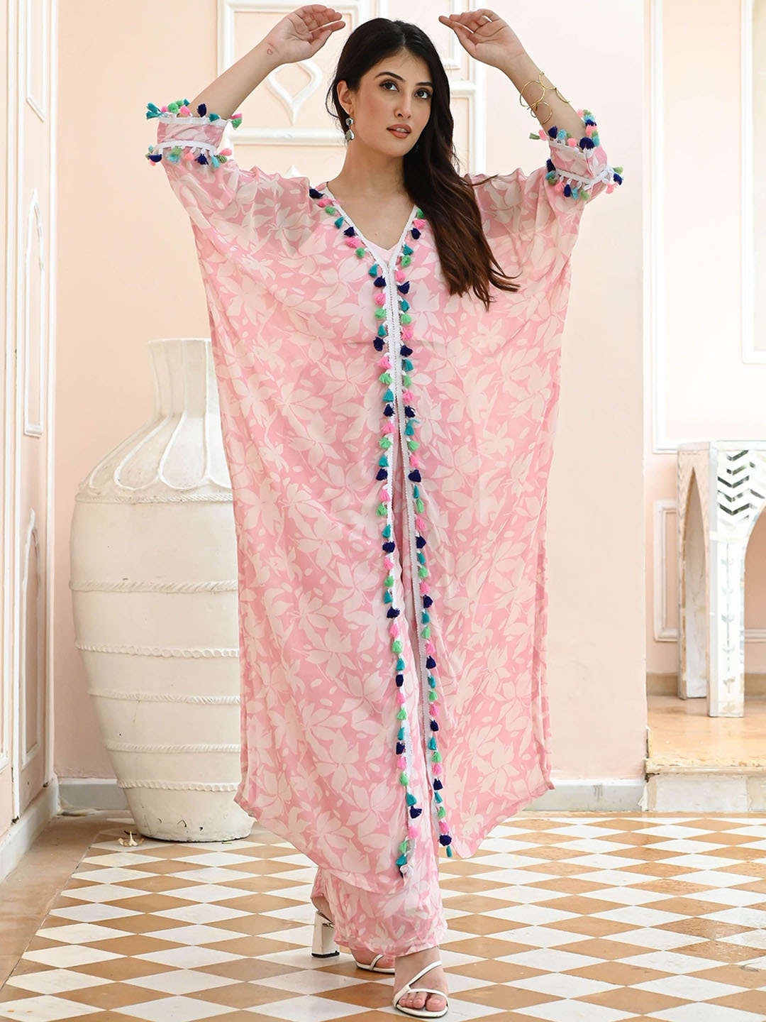 

Bunaai Floral-Print Tasselled Trim Kaftan Tunic & Trousers Co-Ords, Pink