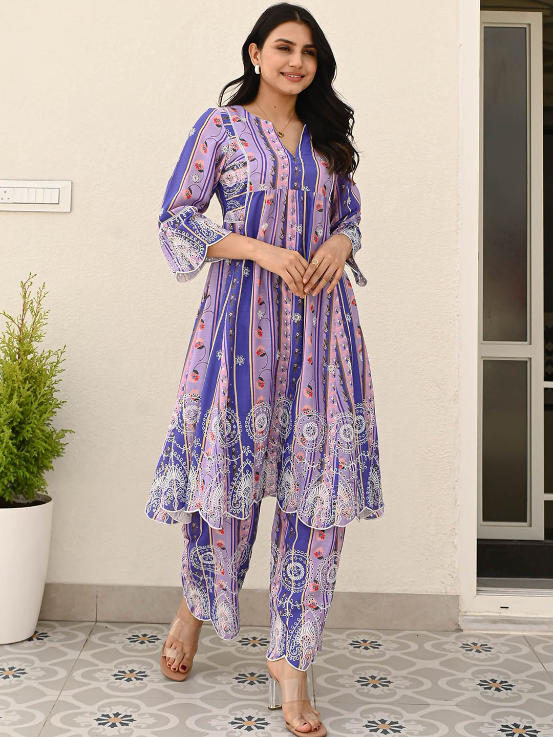 

Bunaai Embroidered Tunic With Trousers Co-Ords, Purple