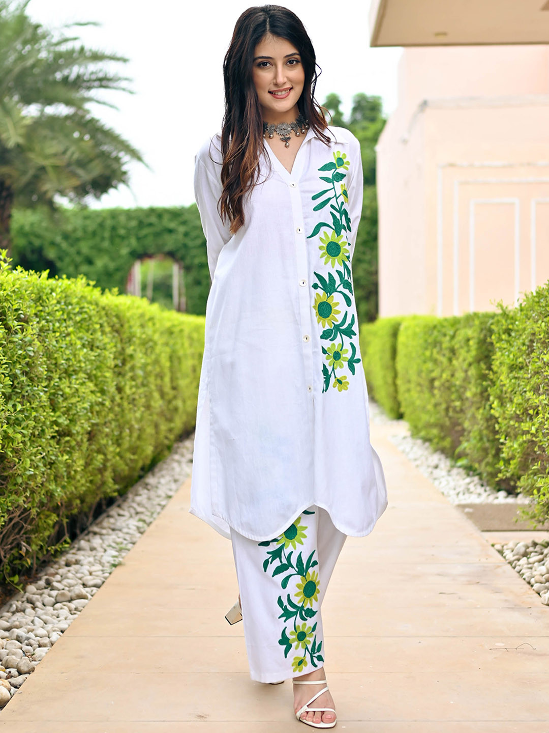 

Bunaai Cotton Embroidered Shirt Collar Top With Trousers Co-Ords, White