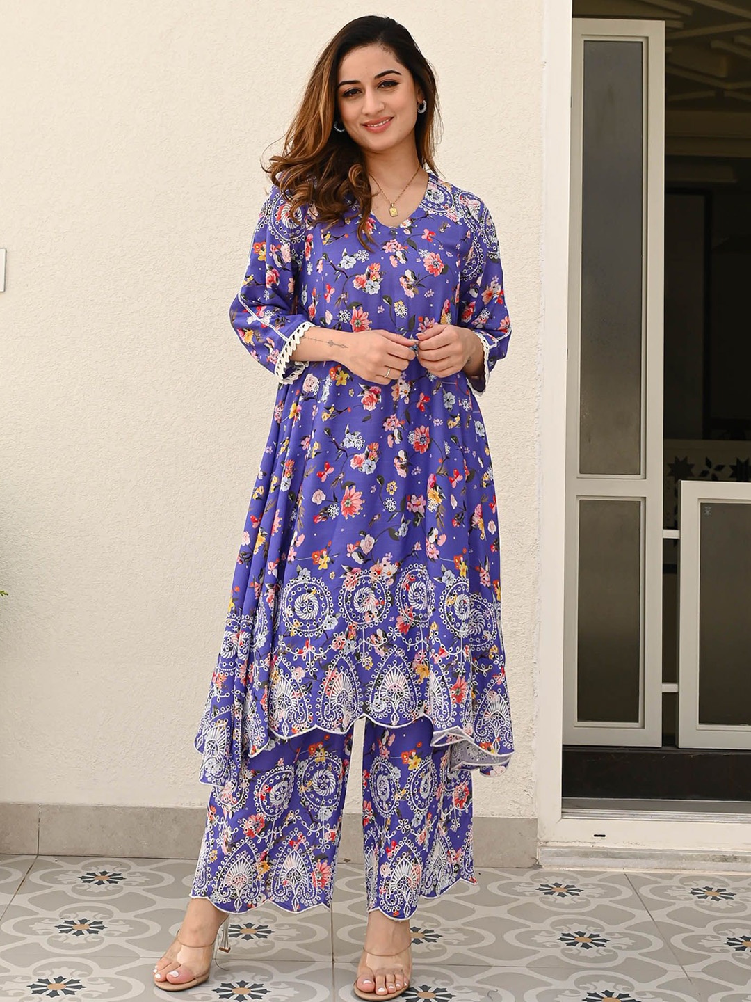 

Bunaai Floral-Print A-Line Tunic & Trousers Co-Ords, Purple