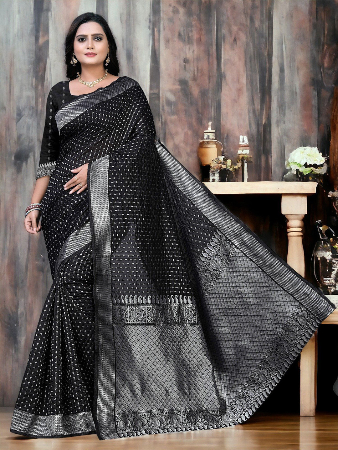 

CARTYSHOP Woven Design Zari Silk Blend Banarasi Saree With Blouse Piece, Black
