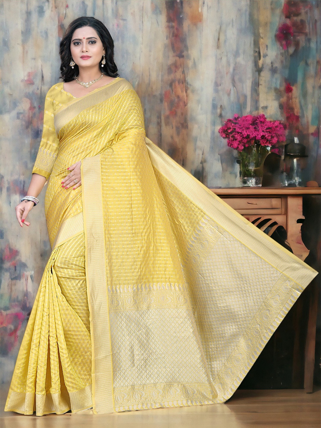 

CARTYSHOP Woven Design Zari Silk Blend Banarasi Saree, Yellow