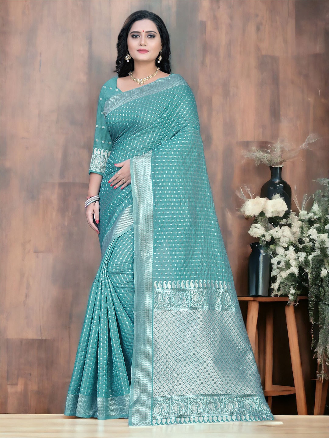 CARTYSHOP Woven Design Zari Banarasi Saree, Sea green