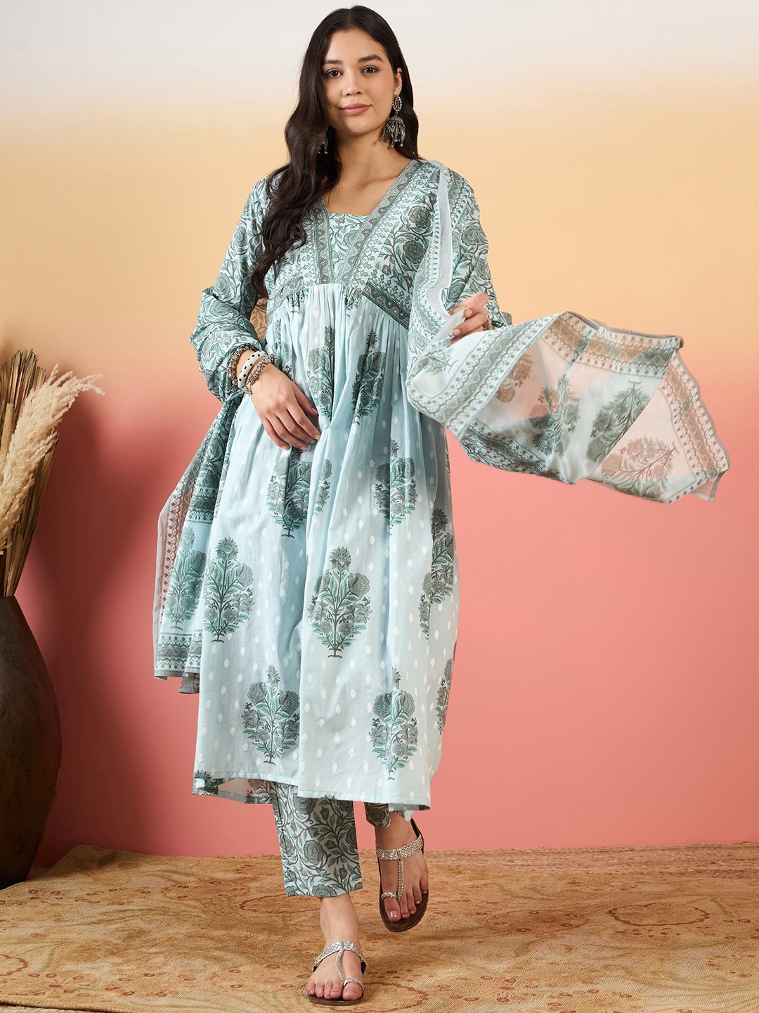 

KALINI Women Floral Printed Pure Cotton Kurta with Trousers & With Dupatta, Blue