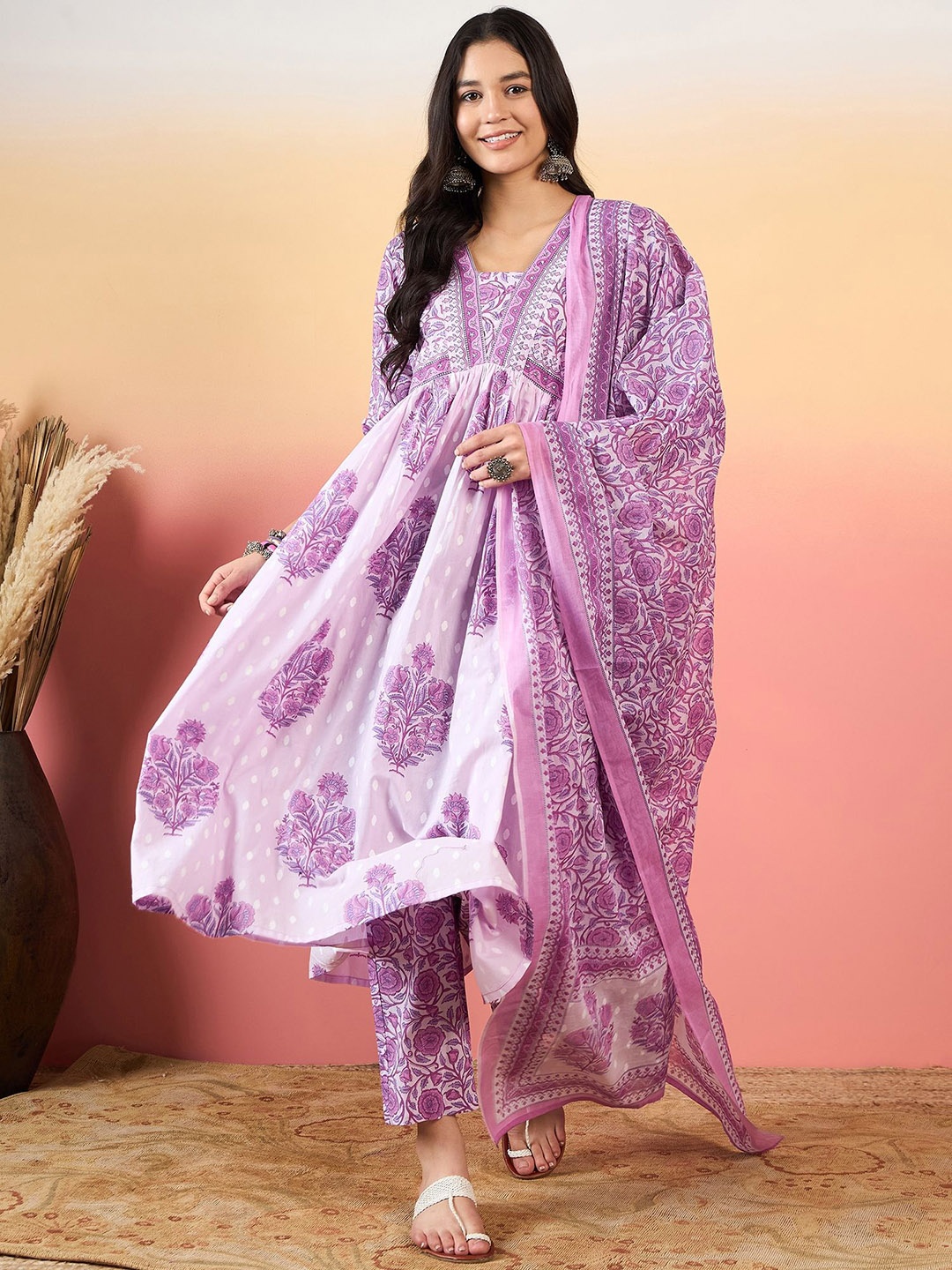 

KALINI Women Floral Printed Sequinned Pure Cotton Kurta with Trousers & With Dupatta, Purple