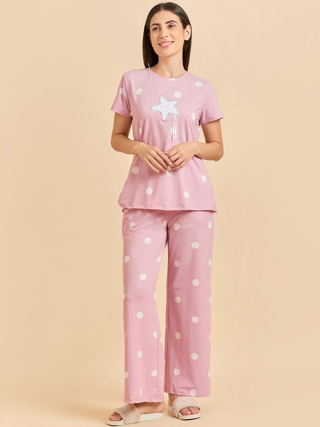 

Sweet Dreams Women Polka Dot Printed Night suit, Pink