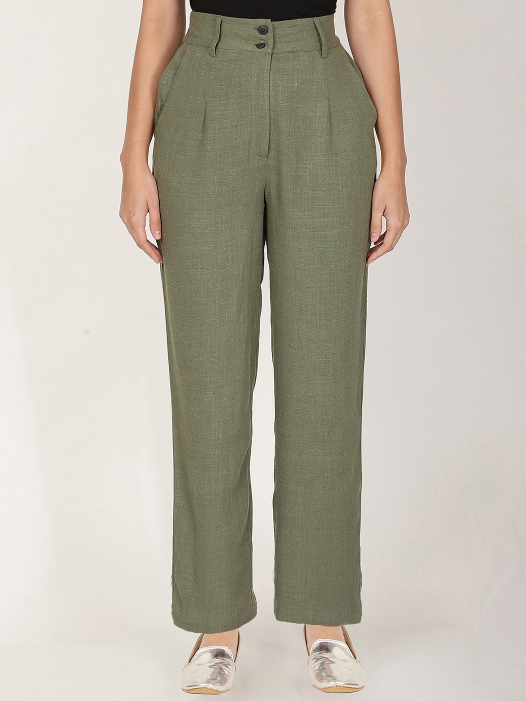 

FUTURO Women Relaxed Straight Leg Pleated Trousers, Green