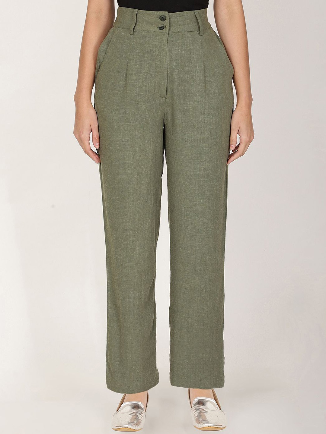 

FUTURO Women Relaxed Straight Leg Pleated Trousers, Green