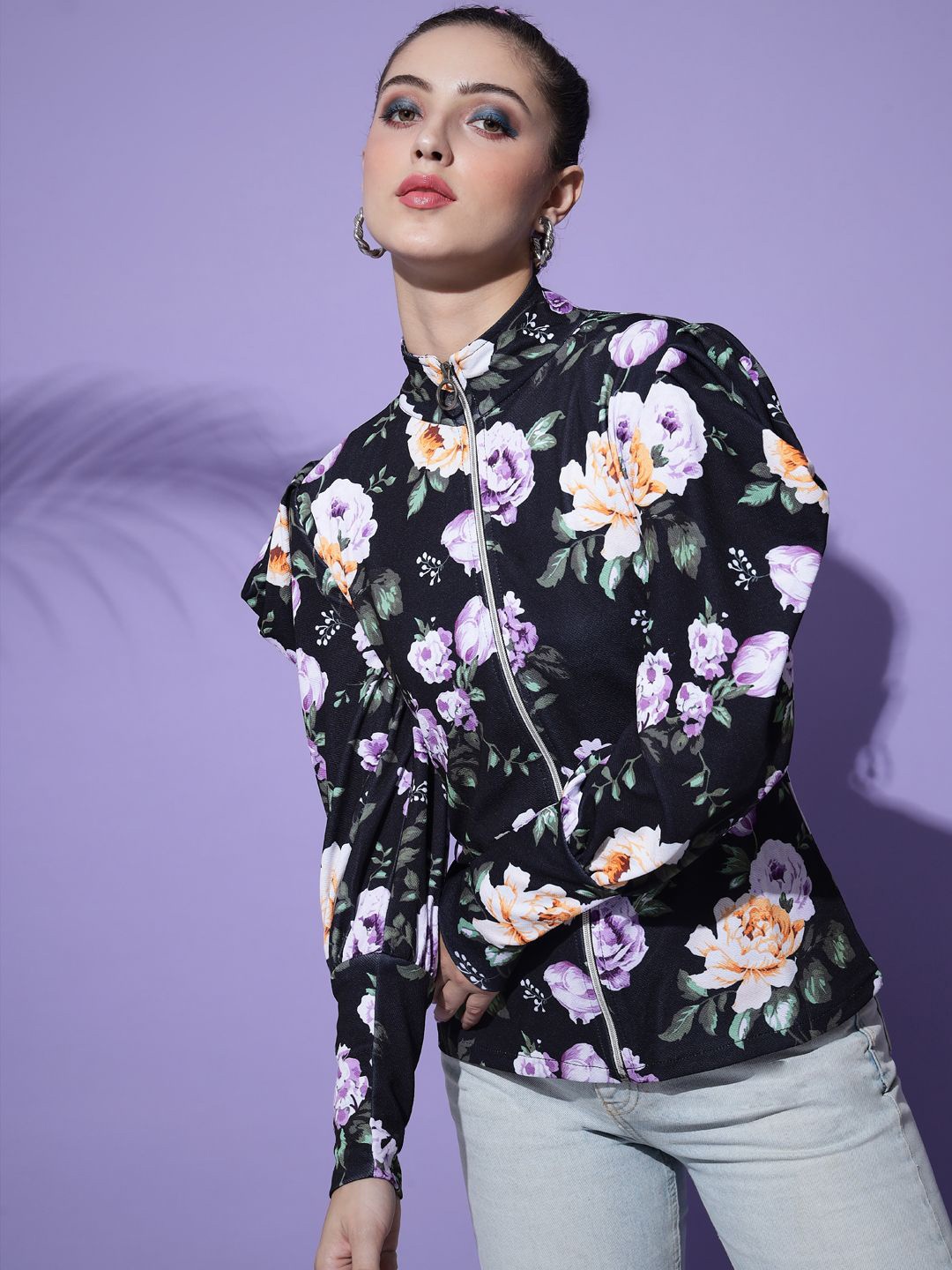 TANDUL Women Floral Lightweight Crop Puffer Jacket with Patchwork, Black