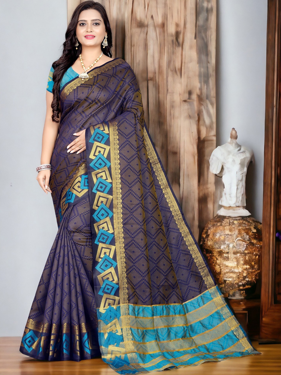 

CARTYSHOP Woven Design Zari Silk Blend Banarasi Saree, Blue