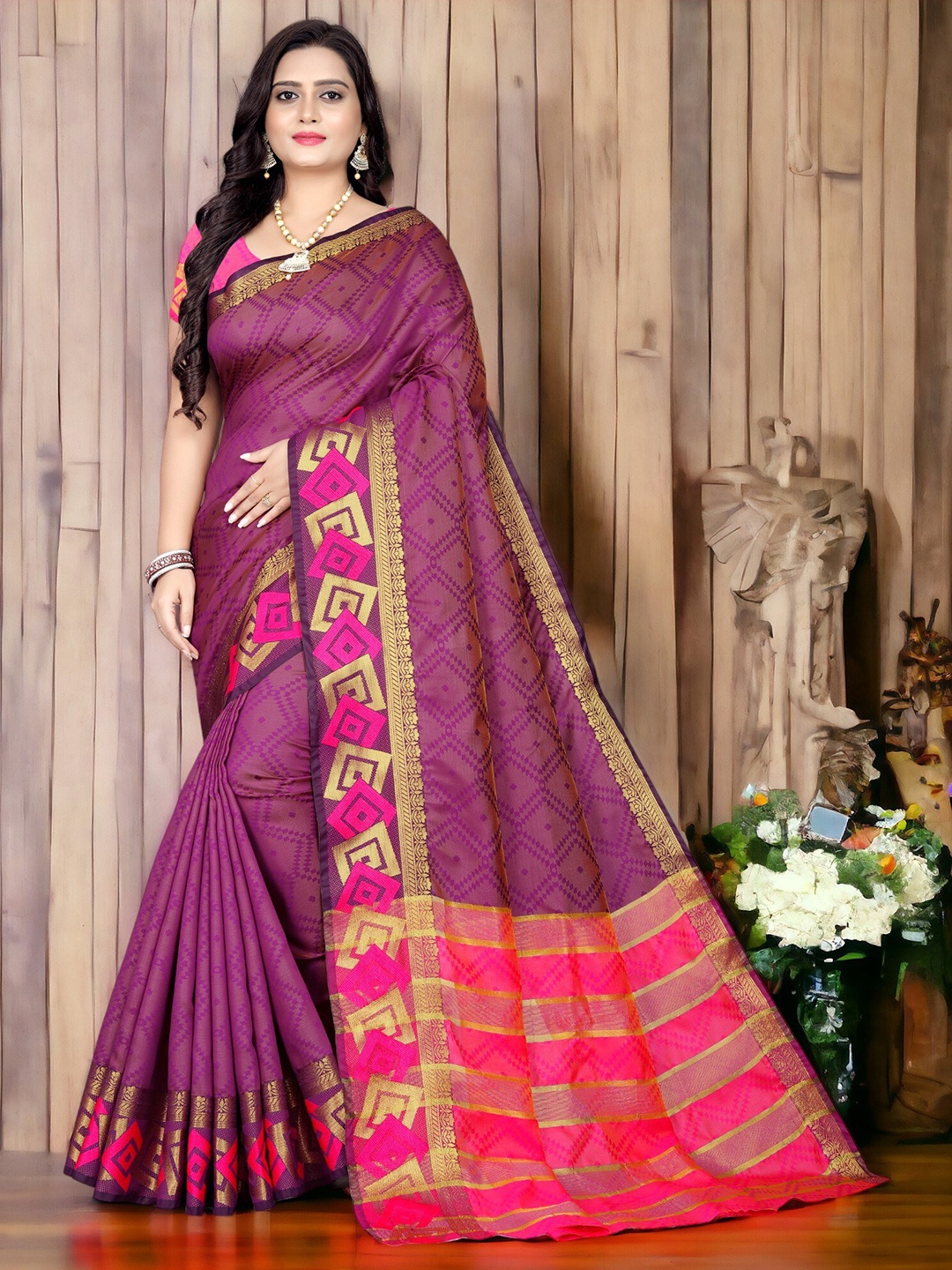 CARTYSHOP Woven Design Zari Silk Blend Banarasi Saree, Magenta