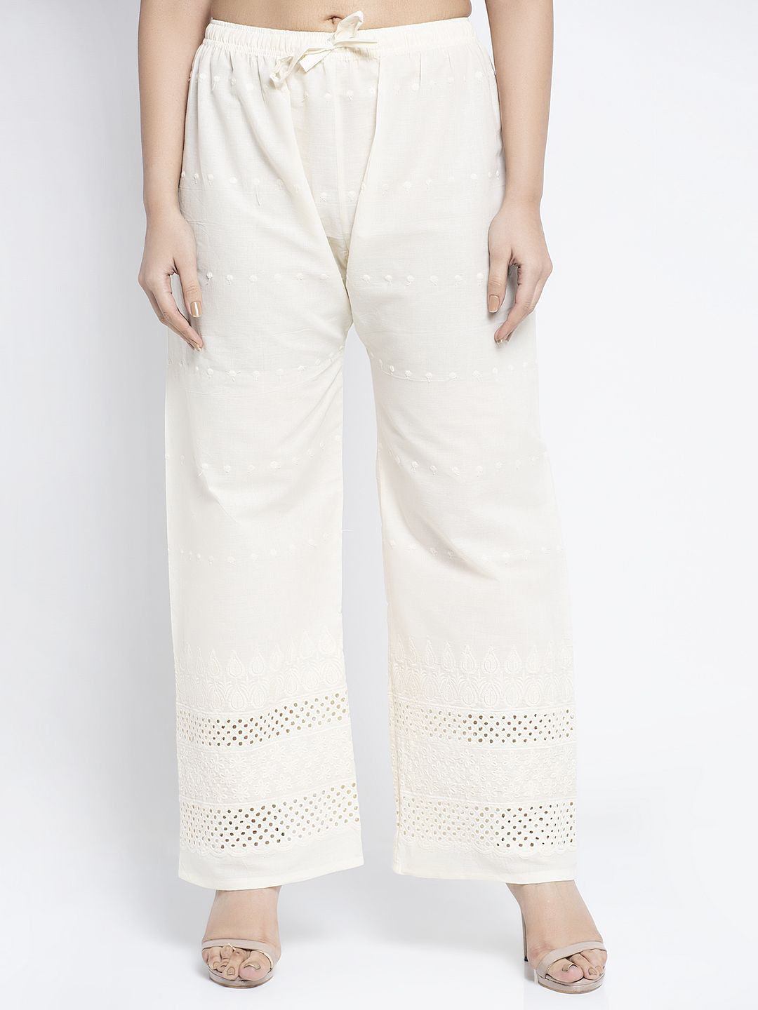 

Jinfo Women Floral Knitted Palazzos, Off white