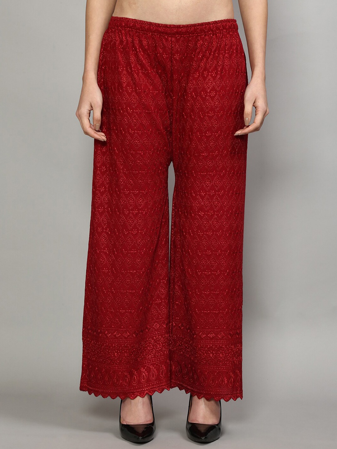

Jinfo Women Floral Knitted Palazzos, Maroon
