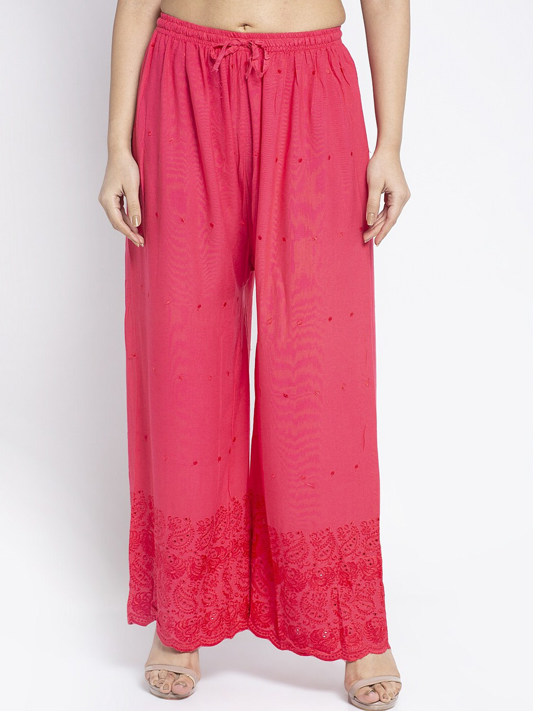 

Jinfo Women Floral Embroidered Knitted Palazzos, Peach