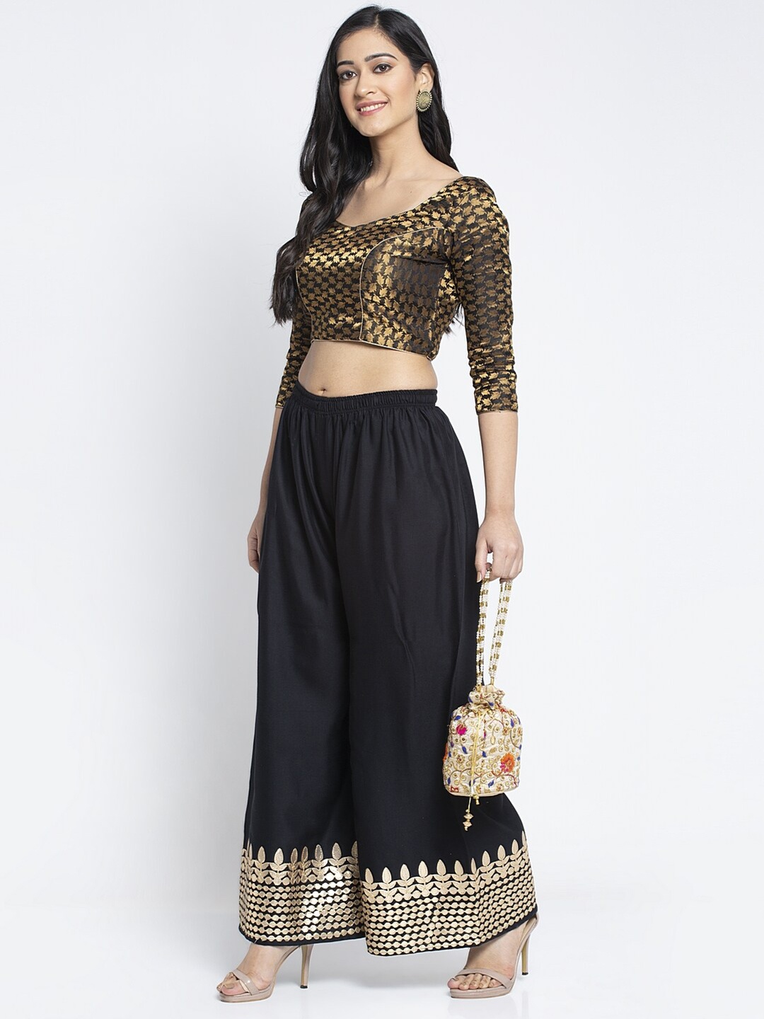

Jinfo Women Ethnic Motifs Hem Design Knitted Palazzos, Black